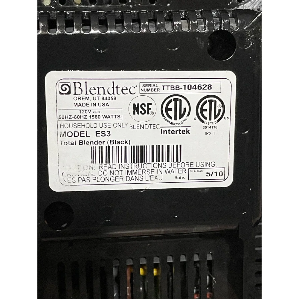 Blendtec Total Blender ES3 Motor Base Black 1560W 120V Model ES3 210 Cycles